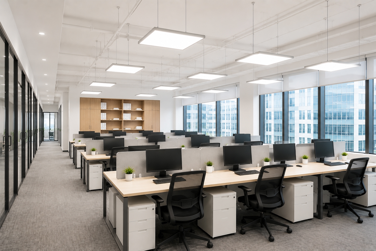 Đèn panel trần thả được nhiều văn phòng lựa chọn để chiếu sáng không gian làm việc