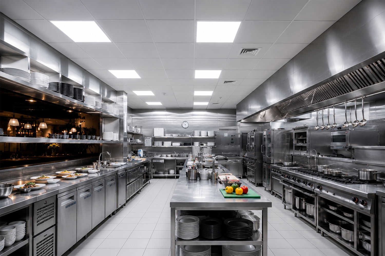 Đèn panel LED cung cấp nguồn sáng mạnh, ổn định cho khu vực bếp nhà hàng