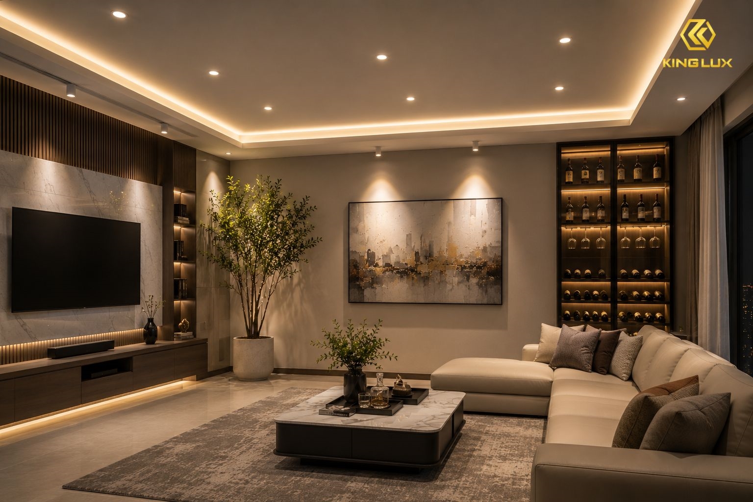 Đèn spotlight được sử dụng để chiếu điểm tranh ảnh, cây xanh trong phòng khách