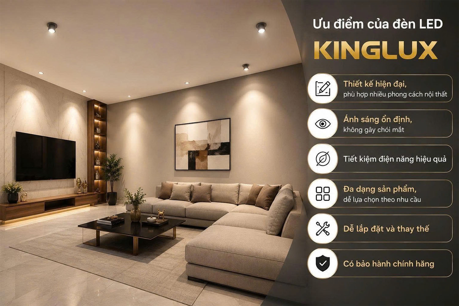 Đèn LED Kinglux có nhiều ưu điểm nổi bật, phù hợp với nhiều không gian nội thất