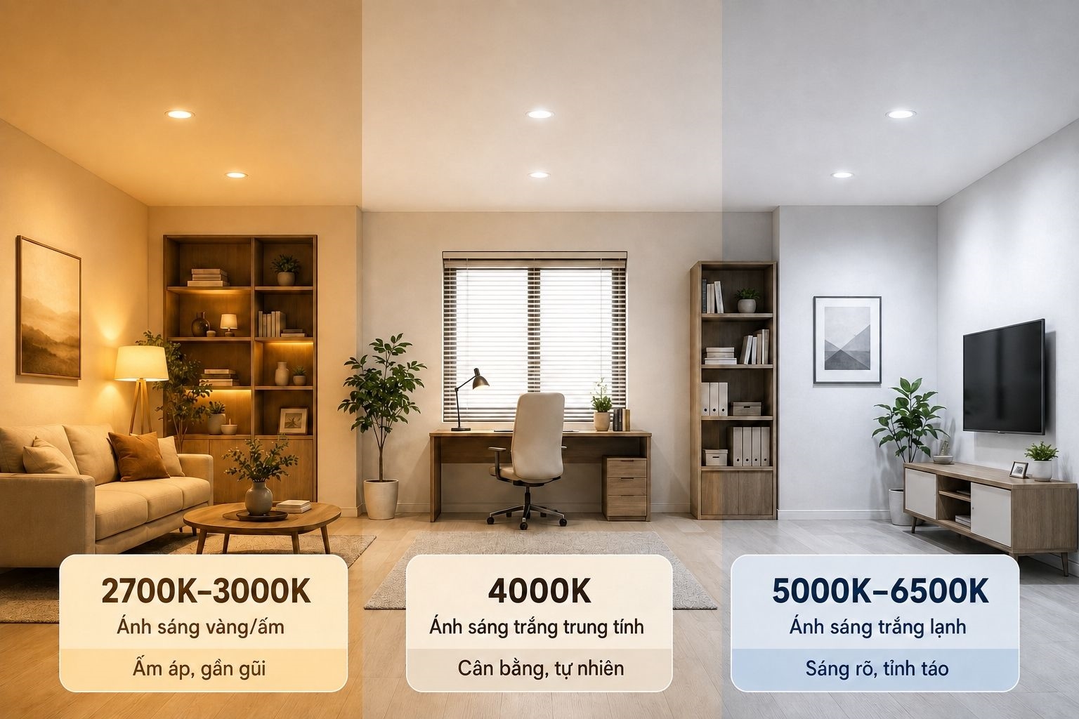 Sự khác nhau giữa ánh sáng vàng, trắng trung tính và trắng lạnh theo nhiệt độ màu